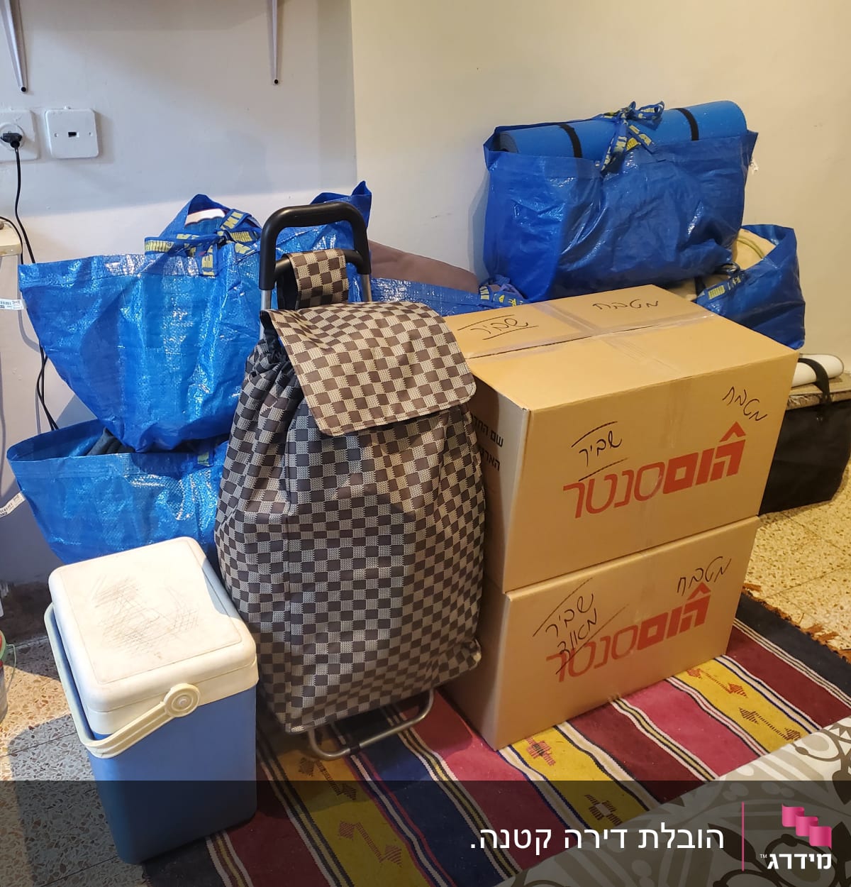 שקיות כחולות, קופסאות קרטון, תיק משובץ, צידנית